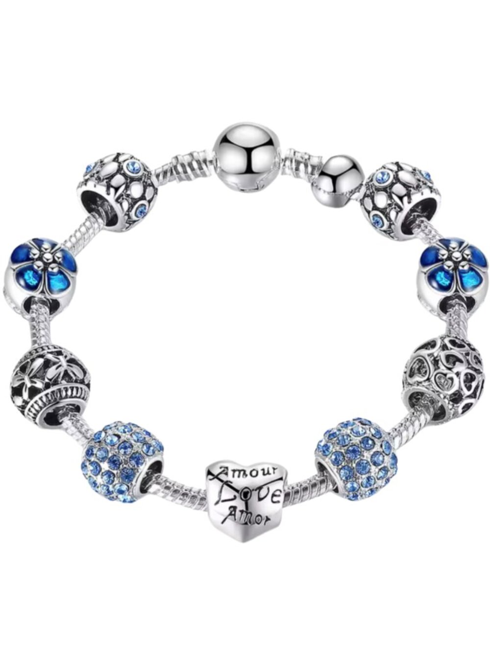 NWT Silver Tone Blue Crystal Charm Bracelet – Love Heart Flower Bead Statement B